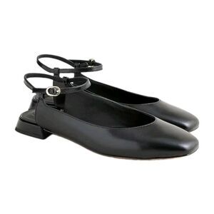 J.Crew $178 Ankle Strap Leather Flats Square Toe Black Size 8